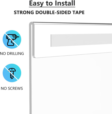 Close-up of acrylic poster frame with strong double-sided tape for easy installation, highlighting no drilling and no screws required for mounting