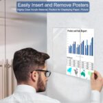 Clear acrylic wall-mounted poster frame with a person inserting a document, designed for easy paper changes and displaying reports, notices, or graphics