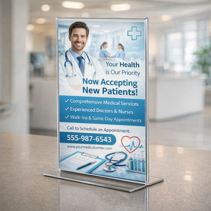 Clear acrylic countertop sign holder displaying a healthcare advertisement with a doctor and text for new patient registration, ideal for clinics and reception areas