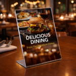 Clear acrylic tabletop sign holder displaying a restaurant promotion with a burger and drink, ideal for menus and advertisements on dining tables