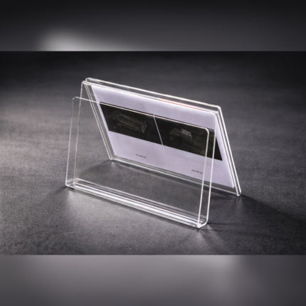 Clear acrylic tent-style card holder displaying a printed insert, designed for double-sided viewing on desks, counters, or reception areas