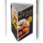 Clear three-sided acrylic tabletop display stand featuring a restaurant lunch menu promotion with images of a burger and chicken wings, designed for multi-angle visibility