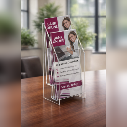 Clear acrylic multi-pocket brochure holder on a table displaying bank promotional flyers labeled “Bank Online” in a neat, upright organizer