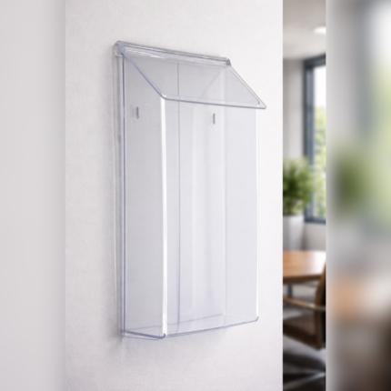 Clear acrylic wall-mounted brochure holder with a single pocket and angled front, designed for displaying flyers, menus, or documents neatly on a wall