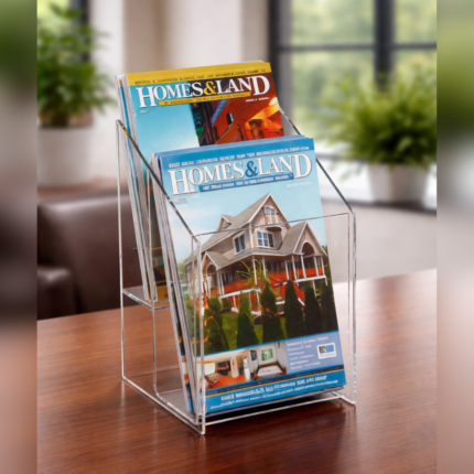Clear acrylic brochure holder placed on a table displaying multiple Homes & Land magazines in a neat, multi-pocket vertical organizer
