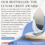 Clear crystal award shaped like a crescent moon on a glass base, designed as a premium recognition trophy for achievements and milestones