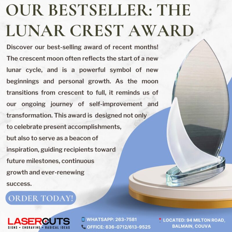 Clear crystal award shaped like a crescent moon on a glass base, designed as a premium recognition trophy for achievements and milestones