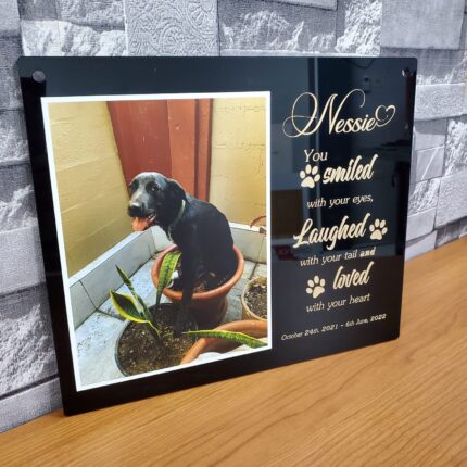 Black acrylic pet memorial plaque featuring a photo of a black dog named Nessie with engraved tribute text and paw print designs