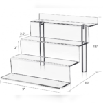 Clear acrylic tiered step display stand with multiple levels, designed for showcasing products, collectibles, or retail items with dimensions indicated for size reference