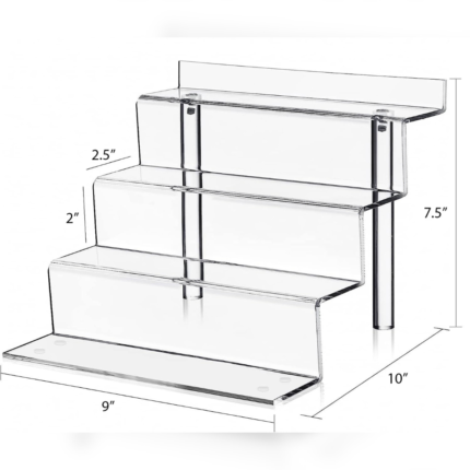 Clear acrylic tiered step display stand with multiple levels, designed for showcasing products, collectibles, or retail items with dimensions indicated for size reference